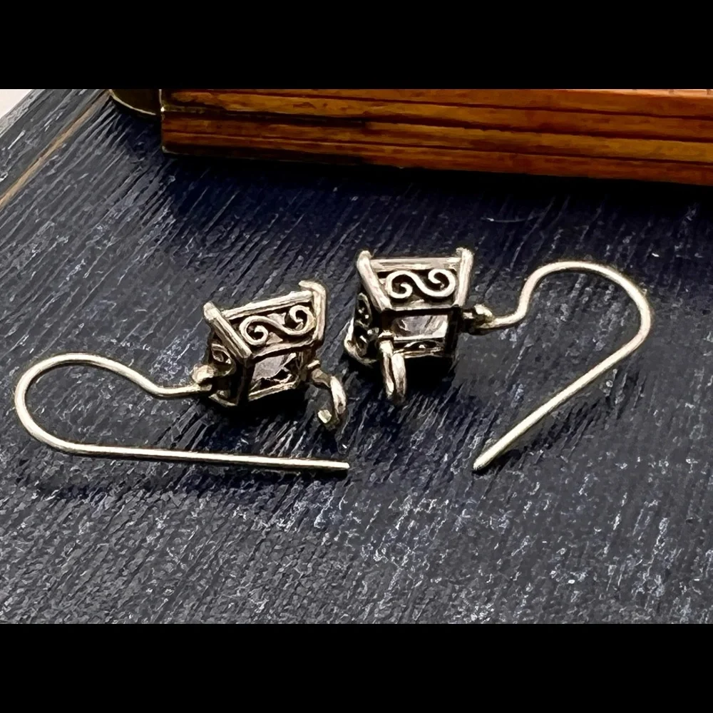 Simple artisan 925 silver shepherds hook rectangular clear rhinestone earrings